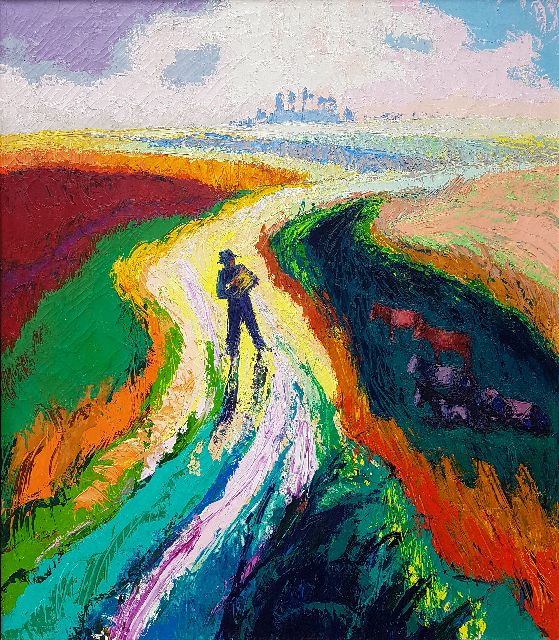 Jannes de Vries | Man op landweg, olieverf op doek, 80,5 x 70,2 cm