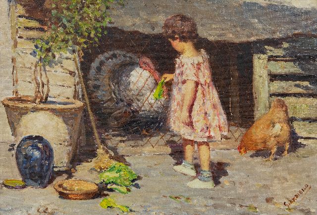 Giuseppe Giardiello | Meisje met kalkoen, olieverf op doek, 34,5 x 50,5 cm, gesigneerd r.o.