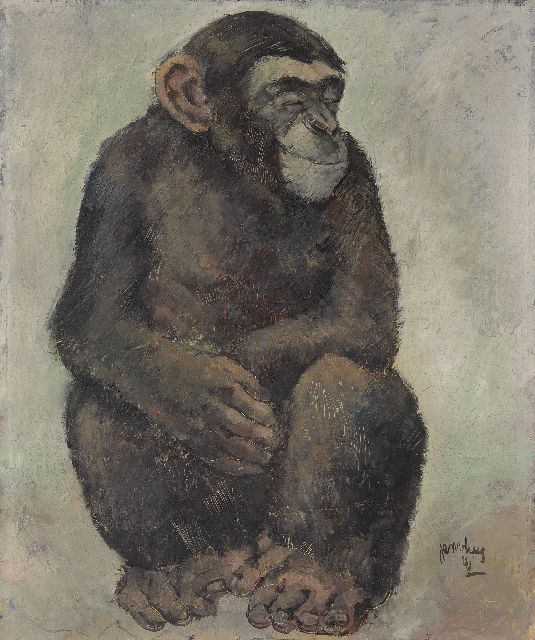 Jan van Heel | Zittende aap, olieverf op board, 60,0 x 50,0 cm, gesigneerd r.o. en gedateerd '41