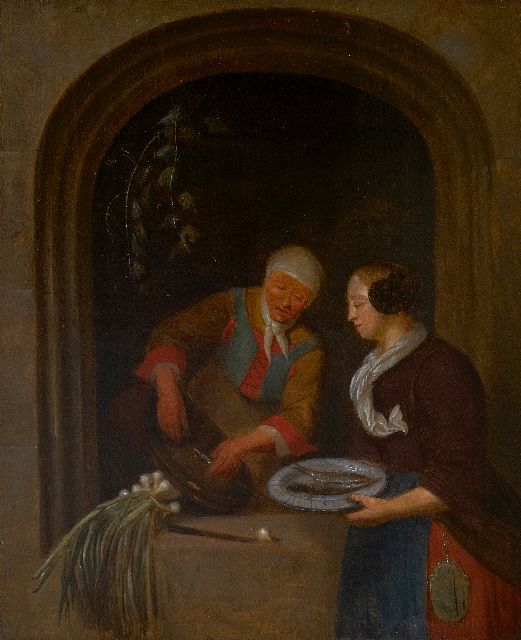 Noord-Nederlandse School, begin 18e eeuw | De haringverkoopster, olieverf op paneel, 49,2 x 41,7 cm
