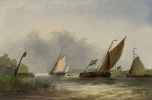 Albert Jurardus van Prooijen | Tjalken in een stevige bries, olieverf op paneel, 17,5 x 26,4 cm, gesigneerd r.o.