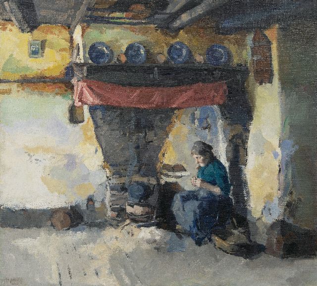 'Emanuël' Samson van Beever | Aardappelschillende vrouw bij de haard, olieverf op doek, 42,4 x 47,4 cm, gesigneerd l.o. en zonder lijst