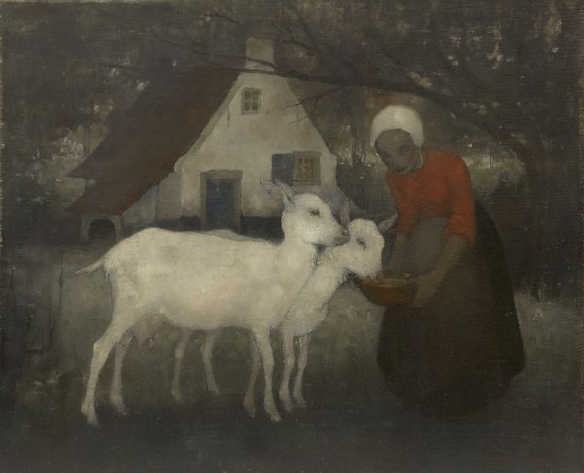 Jemmy van Hoboken | Geitjes voeren, olieverf op doek, 36,1 x 43,8 cm, gesigneerd r.o. en gedateerd '34