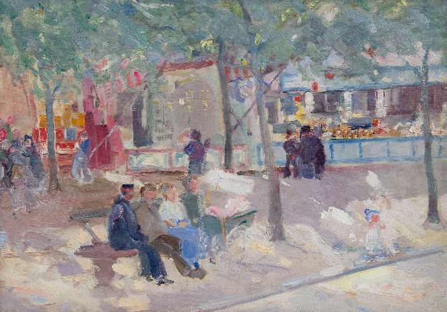Jefferys M.  | Op de kermis, olieverf op doek op paneel 27,4 x 38,3 cm, gesigneerd r.o. met monogram