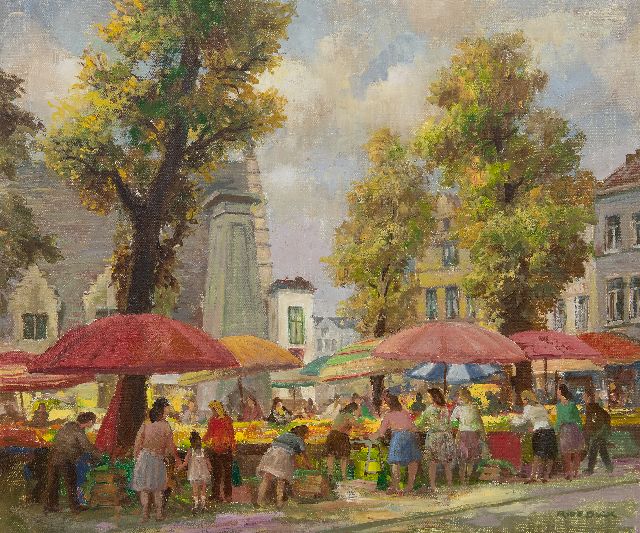 Raphaël de Buck | De Groentemarkt in Gent, olieverf op doek, 50,3 x 60,2 cm, gesigneerd r.o.