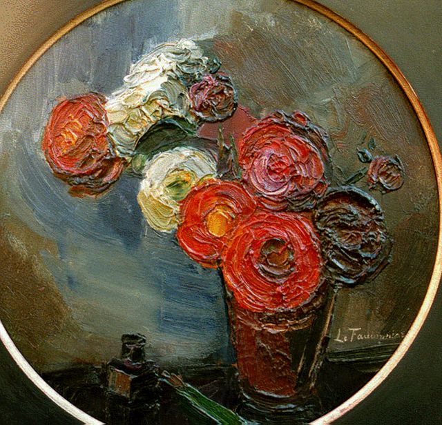 Henri Le Fauconnier | Stilleven met dahlia's en inktpotje, olieverf op doek, rond, 35,5 cm, gesigneerd r.o.