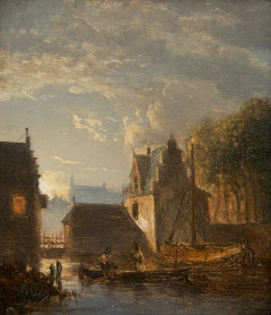 Jacob Abels | Stadsgrachtje bij maanlicht, olieverf op paneel, 7,8 x 7,0 cm