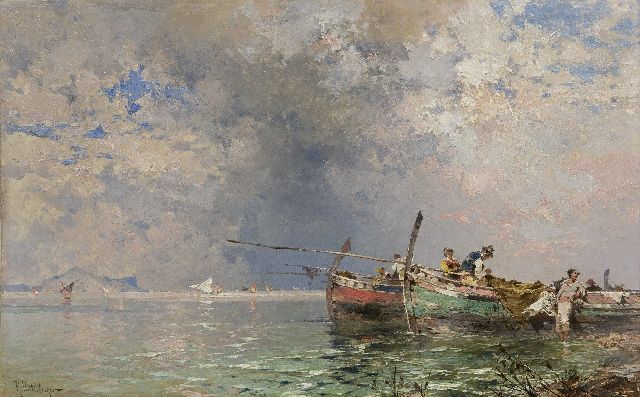 Franz Richard Unterberger | Vissers in de baai van Palermo, olieverf op paneel, 30,0 x 60,2 cm, gesigneerd l.o.