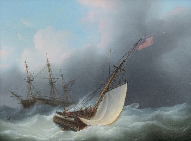 Martinus Schouman | Schepen op woelige zee (pendant van 20317), olieverf op paneel, 29,5 x 39,7 cm, gesigneerd r.o.