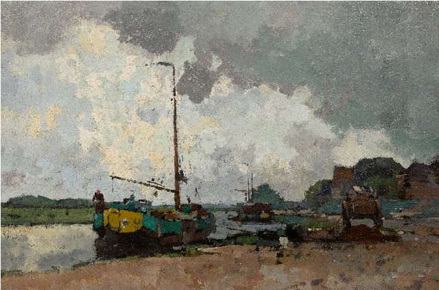 Vreedenburgh C.  | Afgemeerde turfschepen, olieverf op doek 60,2 x 90,5 cm