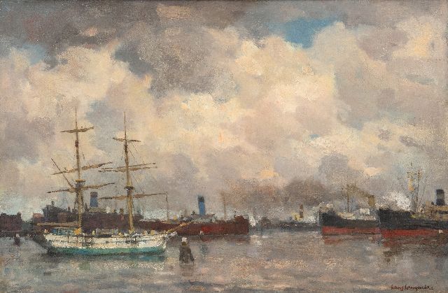 Frans Langeveld | Bij de Handelskade, Rotterdam, olieverf op doek, 40,3 x 60,7 cm, gesigneerd r.o. en verso