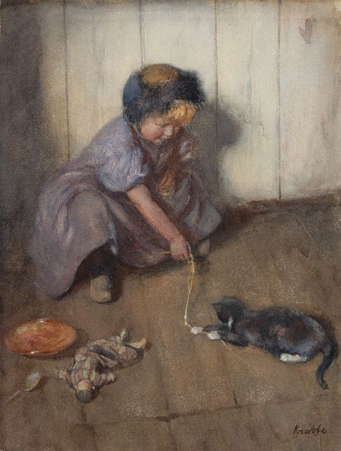 Heinrich Martin Krabbé | Katjesspel, aquarel op papier, 47,5 x 36,0 cm, gesigneerd r.o. en te dateren 1906-1916