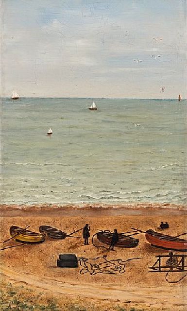Onbekend | Strandgezicht, olieverf op doek, 32,7 x 19,2 cm, gesigneerd l.o. met initialen