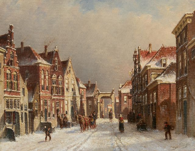 Petrus Gerardus Vertin | Besneeuwd straatje met ophaalbrug (mogelijk Edam), olieverf op doek, 36,3 x 45,5 cm, gesigneerd r.o. en gedateerd '86