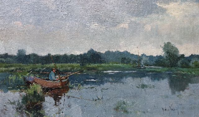 Andries Verleur | Visser op poldersloot, olieverf op doek op board, 35,2 x 59,0 cm, gesigneerd r.o. en gedateerd '37, zonder lijst