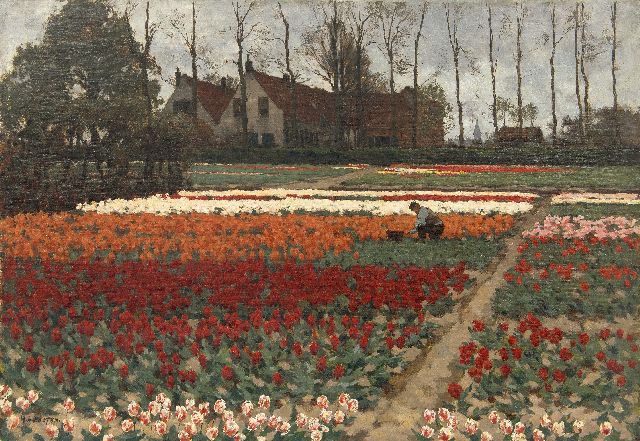 Anton Koster | Arbeider aan het werk in een tulpenveld, Overveen, olieverf op doek, 52,4 x 75,6 cm, gesigneerd l.o.