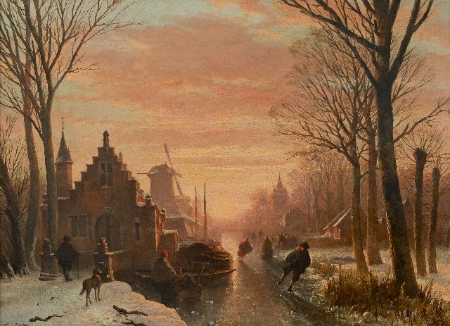Wayen Pieterszen A. van der | Schaatsers op een stadsgracht bij ondergaande zon, olieverf op paneel 43,3 x 59,3 cm, gesigneerd l.o.