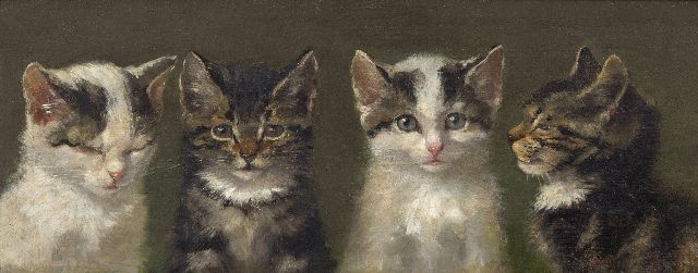 Anna Maria Kruijff | Vier poezen, olieverf op paneel, 14,7 x 36,3 cm, gesigneerd r.o.