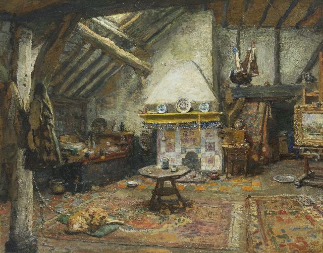 Arthur Briët | Het atelier van de schilder Frans Langeveld, olieverf op papier op paneel, 35,2 x 43,7 cm, gesigneerd r.o.