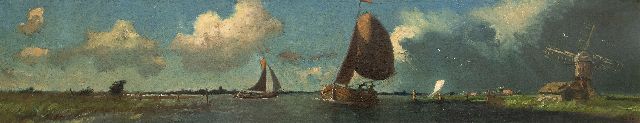 Ids Wiersma | Fries plassenlandschap met laverende platbodems, olieverf op doek, 41,5 x 208,5 cm, gesigneerd r.o.