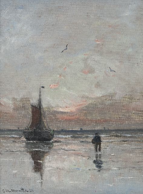 Morgenstjerne Munthe | Bomschuit voor anker bij zonsondergang, olieverf op doek, 40,4 x 30,2 cm, gesigneerd l.o. en gedateerd '21