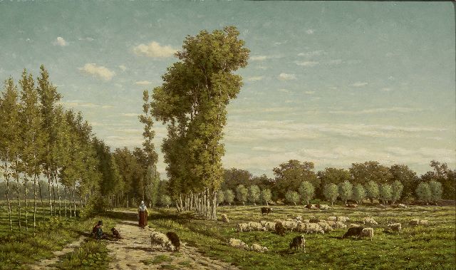 Jan van Lokhorst | Schaapherder rustend langs een populierenlaantje (pendant), olieverf op paneel, 27,4 x 45,6 cm, gesigneerd r.o. en gedateerd 1867