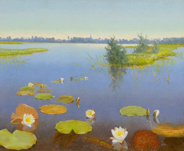 Dirk Smorenberg | Gezicht op de Loosdrechtse Plassen met waterlelies en legakkers, olieverf op doek, 50,8 x 60,4 cm, gesigneerd r.o.