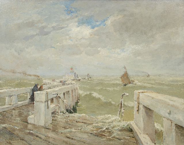 Paul Hermanus | Figuren op een pier bij een vuurtoren in woelige branding, olieverf op doek, 74,0 x 95,0 cm, gesigneerd l.o.