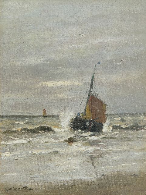 Morgenstjerne Munthe | De terugkeer van de 'KW9' op het strand van Katwijk, olieverf op doek, 40,4 x 30,8 cm, gesigneerd l.o.