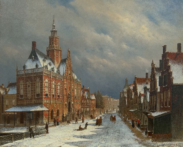 Oene Romkes de Jongh | Het stadhuis van Bolsward in de sneeuw, olieverf op doek, 69,9 x 86,0 cm, gesigneerd r.o.