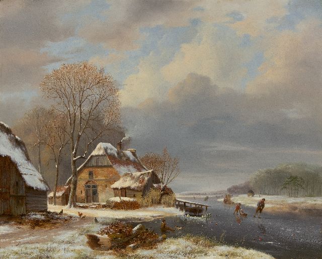 Nicolaas Roosenboom | Winters riviergezicht met schaatsers bij een boerderij, olieverf op doek, 71,2 x 87,7 cm, gesigneerd l.o.