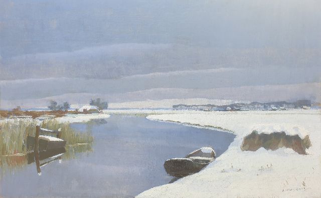 Dirk Smorenberg | Winter bij Loosdrecht met roeiboot en viskare, olieverf op doek, 46,1 x 73,5 cm, gesigneerd r.o.