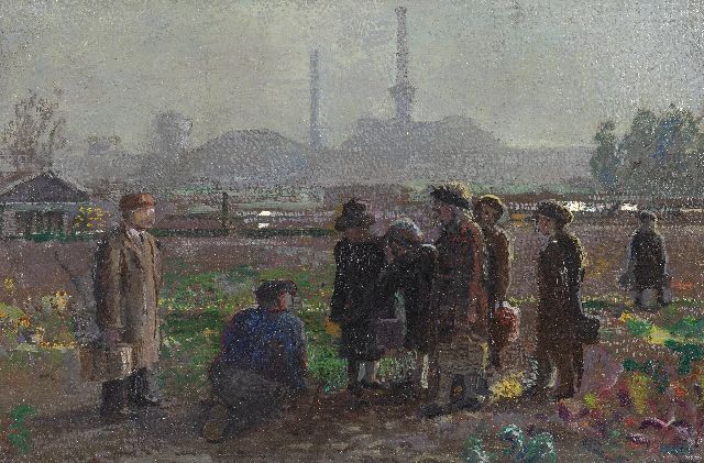 Harm Kamerlingh Onnes | Mensen op het land, olieverf op doek op board, 22,7 x 33,8 cm, gesigneerd r.o. met monogram