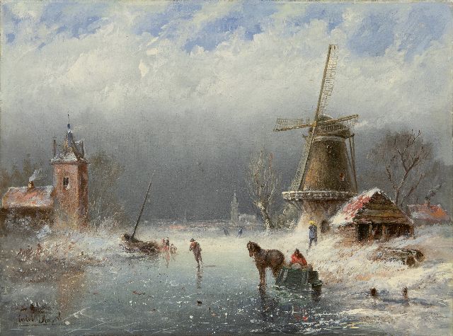 Cornelis Kuijpers | Bevroren vaart met schaatsers bij naderende sneeuwbui, olieverf op doek, 30,5 x 39,9 cm, gesigneerd l.o. en te dateren ca. 1890