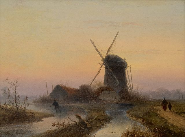John Franciscus Hoppenbrouwers | Molens aan een bevroren vaart, olieverf op paneel, 24,0 x 32,1 cm, gesigneerd l.o.