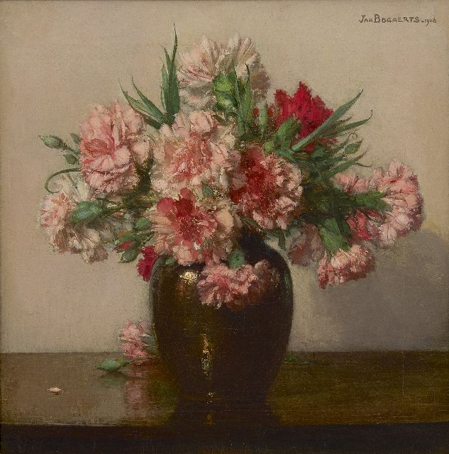 Jan Bogaerts | Roze anjers, olieverf op doek, 39,6 x 38,5 cm, gesigneerd r.b. en gedateerd 1916
