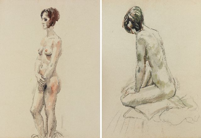 Johan Dijkstra | Naaktstudie, zwart krijt en aquarel op papier, 62,7 x 46,6 cm