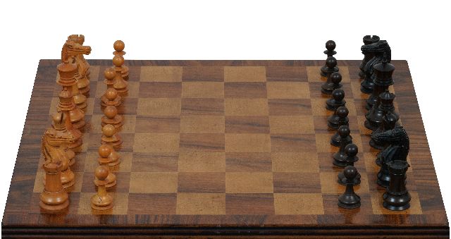 Schaakset, opbergdoos   | Schaakset in 'Staunton' stijl, Engeland, palm- en ebbenhout 8,7 x 4,5 cm, laat 19e eeuw