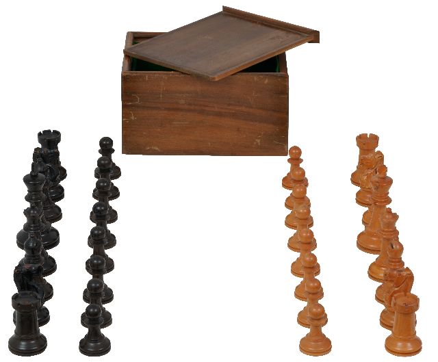 Schaakset, opbergdoos | Schaakset in 'Staunton' stijl in houten doos, hout, 9,5 x 4,3 cm, ca. 1930