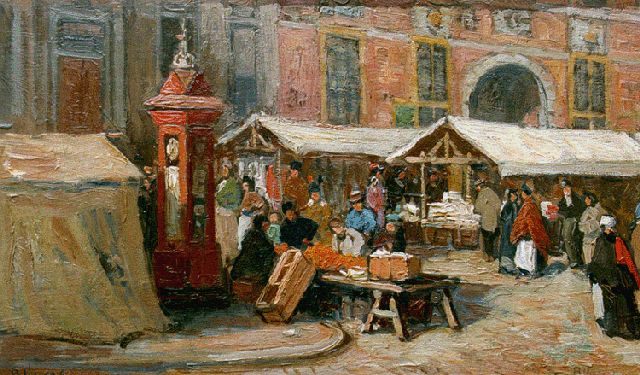Ben Viegers | Markt bij de Boterwaag te Den Haag, olieverf op doek, 22,6 x 37,0 cm, gesigneerd r.o.