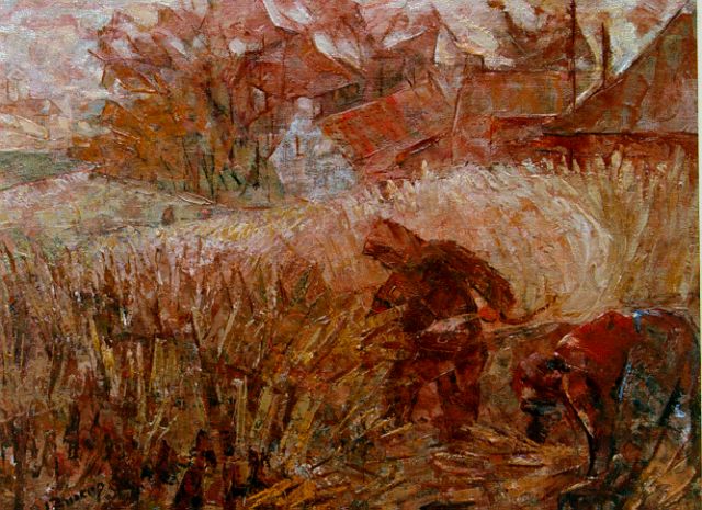 Douwe van der Zweep | De maaier, olieverf op doek op paneel, 37,4 x 46,7 cm, gesigneerd l.o. en gedateerd '45