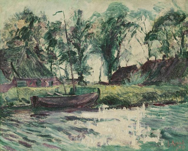 Jan Altink | Afgemeerd scheepje bij boerderijen, wasverf op doek, 43,0 x 54,4 cm, gesigneerd r.o. en gedateerd '29