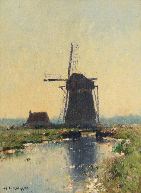 Aris Knikker | Molen aan poldervaart, olieverf op doek, 24,2 x 18,3 cm, gesigneerd l.o.