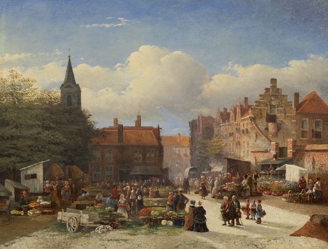 Joseph Bles | Groente- en bloemenmarkt in Hollandse stad, olieverf op paneel, 45,3 x 58,8 cm, gesigneerd l.o. en gedateerd '51
