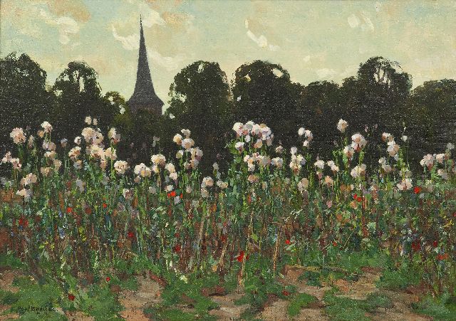 Paul Bodifée | Uitgebloeide distels bij kerktoren, olieverf op doek op board, 33,1 x 46,5 cm, gesigneerd l.o.