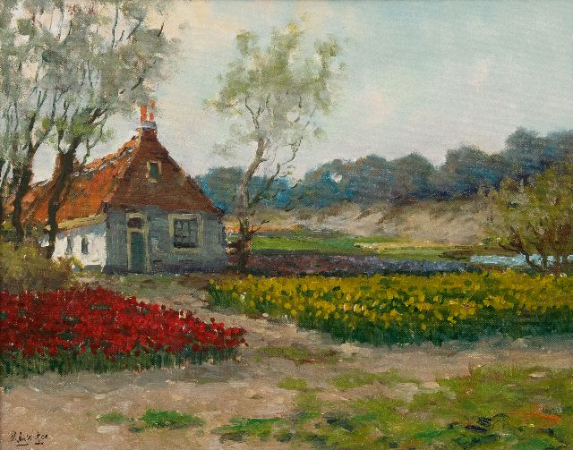 Leo de Winter | Boerderij met bollenvelden achter de duinen, olieverf op doek, 39,8 x 50,1 cm, gesigneerd l.o.