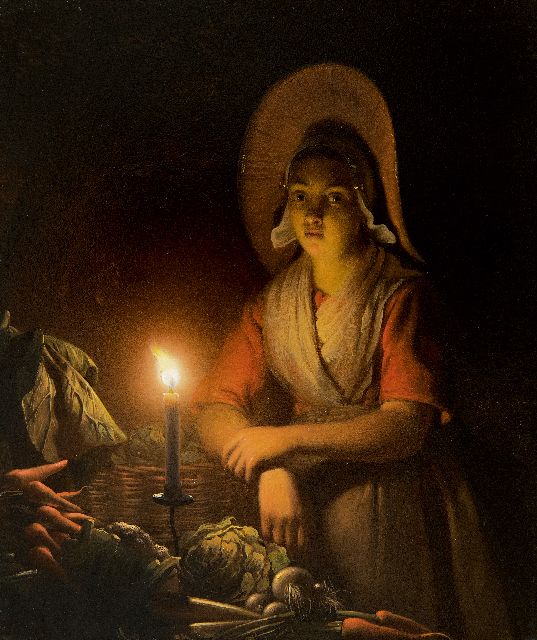 Petrus van Schendel | Scheveningse groenteverkoopster bij kaarslicht, olieverf op paneel, 19,4 x 16,5 cm, gesigneerd r.b. en verso en r.b. en verso gedateerd 1842