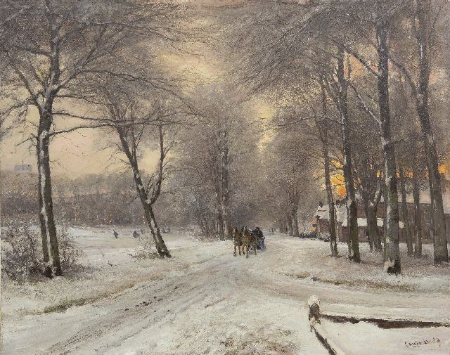 Louis Apol | Bosgezicht met arrenslee en schaatsers op verlichte ijsbaan, olieverf op doek, 64,0 x 80,2 cm, gesigneerd r.o.