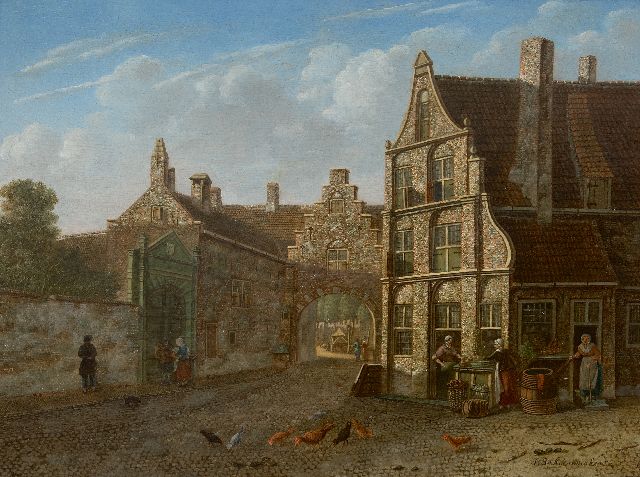 Johannes Schoenmaker Pzn | Stadgezicht met poort en groenteverkopers, olieverf op paneel, 31,9 x 42,8 cm, gesigneerd r.o.