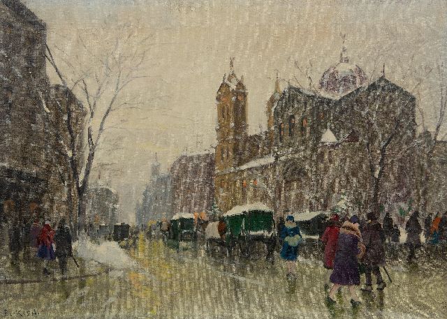 Antal Berkes | Winterse boulevard in de sneeuw, olieverf op doek, 50,2 x 70,1 cm, gesigneerd l.o. en zonder lijst